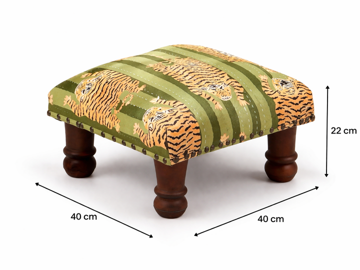 Jungle Stripe Cotton Footstool with Wooden Legs – Green