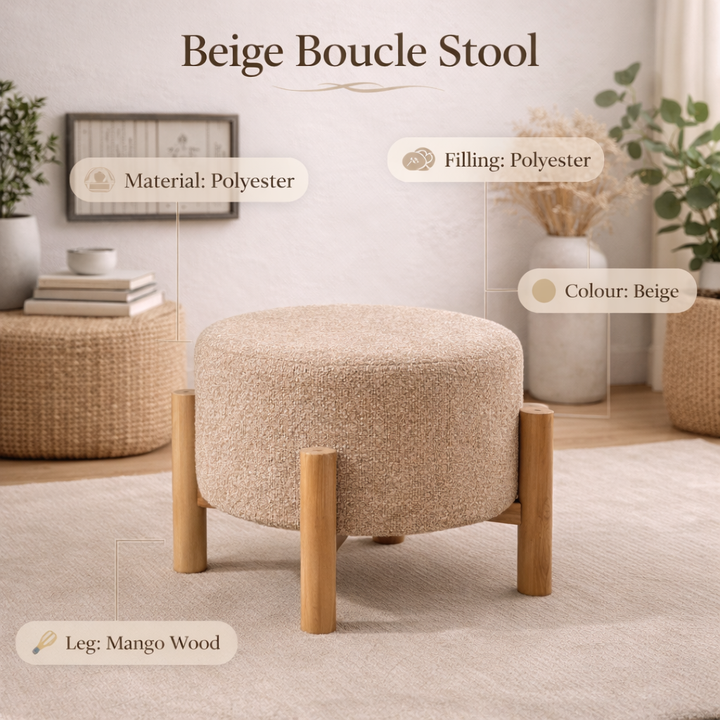 Brown Boucle Round Stool with Wooden Legs 40 cm