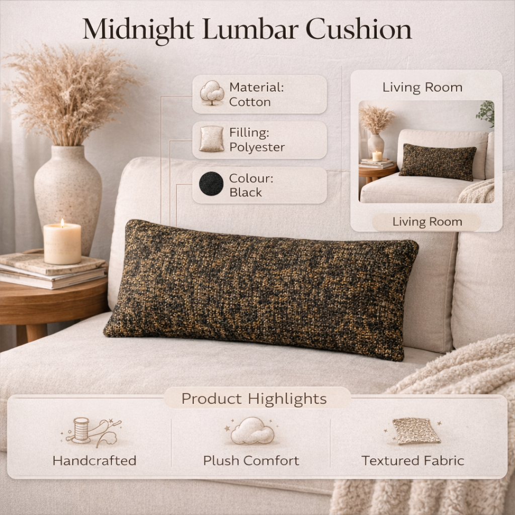 Black Textured Cotton Lumbar Cushion 35 x 60 cm