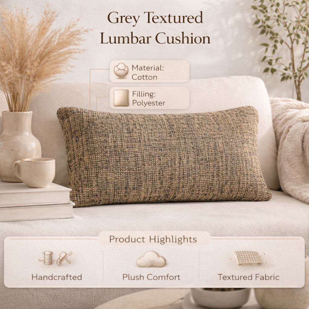 Grey Textured Cotton Cushion 35 x 60 cm