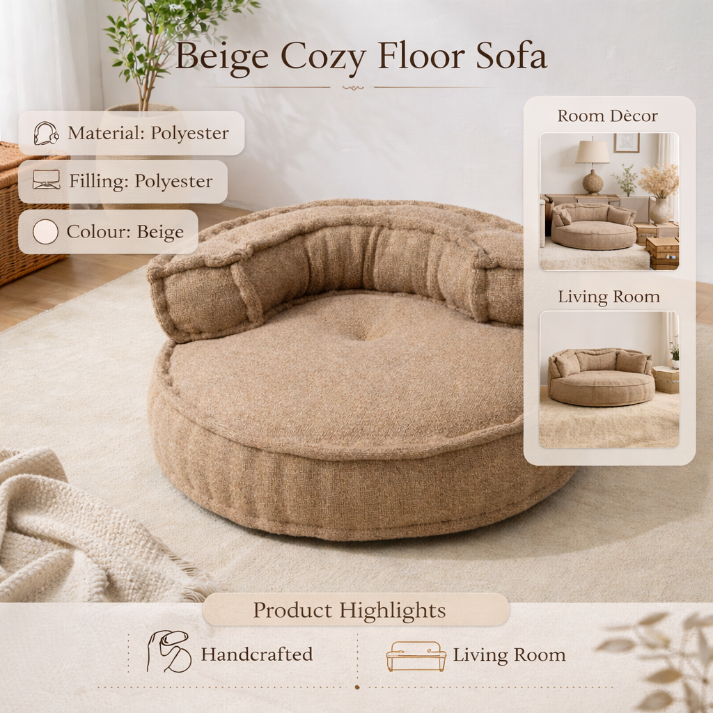 Beige Boucle Floor Sofa Chair with Backrest 80 cm