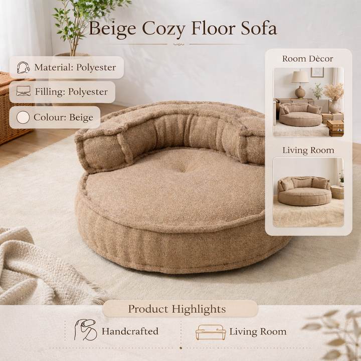 Beige Boucle Floor Sofa Chair with Backrest 80 cm
