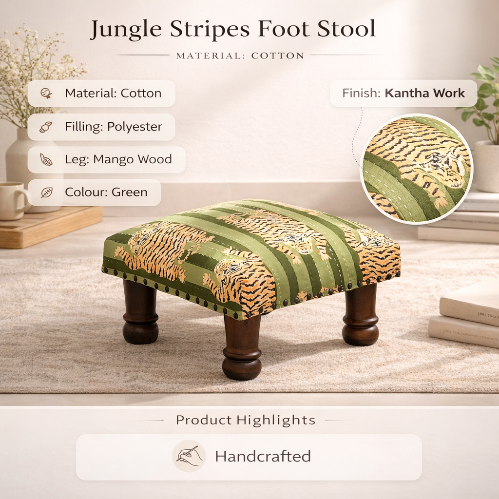 Jungle Stripe Cotton Footstool with Wooden Legs – Green