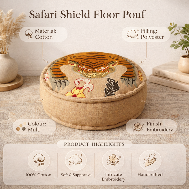 Boho Embroidered Cotton Floor Pouf – Tiger Design 60×20 cm