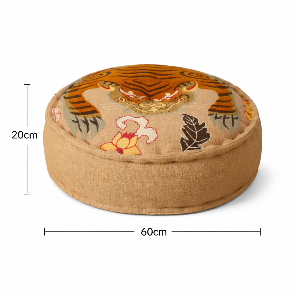 Boho Embroidered Cotton Floor Pouf – Tiger Design 60×20 cm