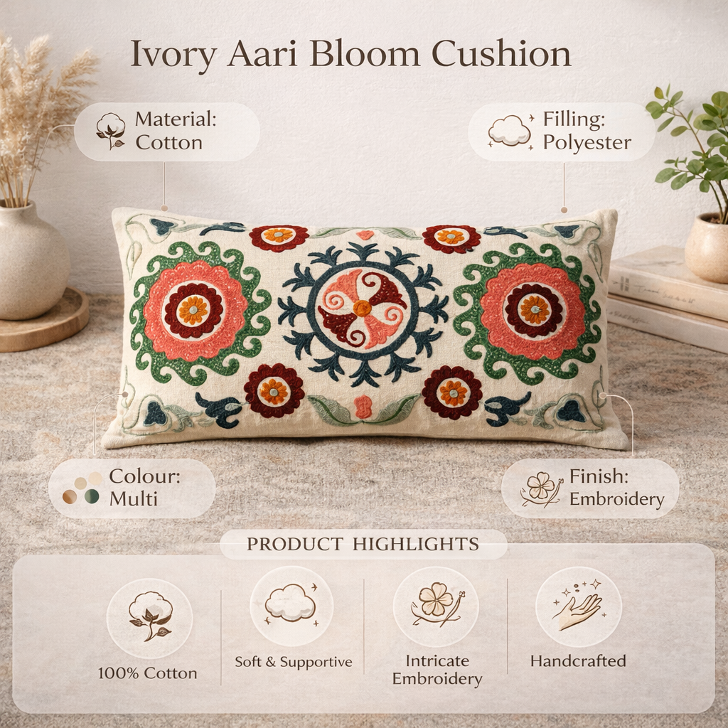 Cotton Floral Aari Embroidered Lumbar Cushion - 35 x 60 cm