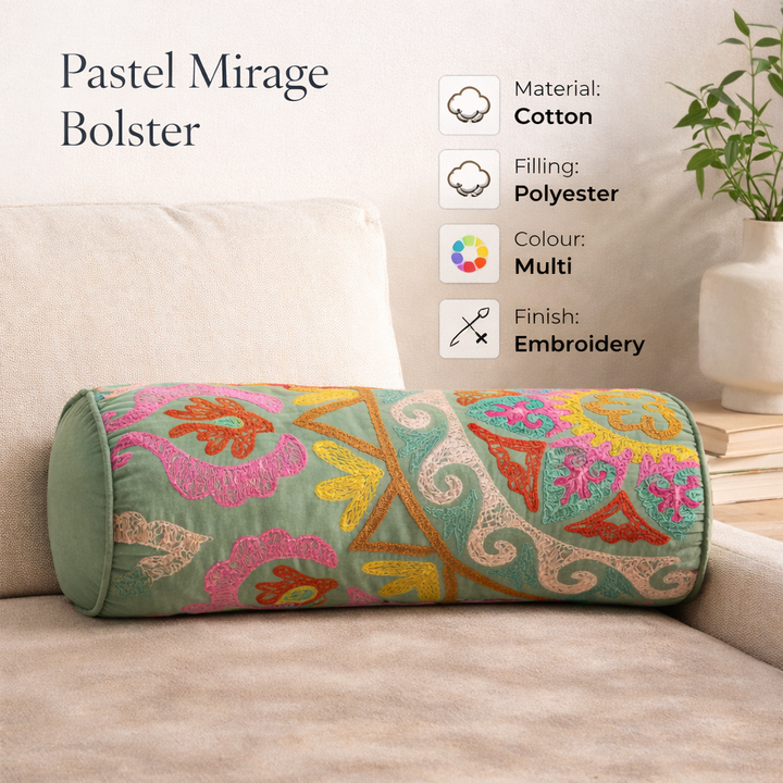 Embroidered Cotton Bolster Cushion Multicolor 53 x 20 cm