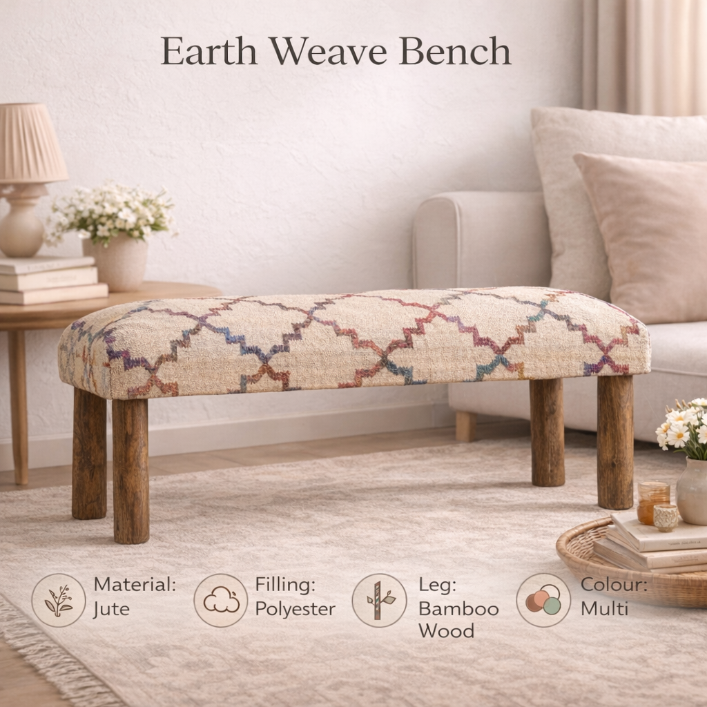 Jute Upholstered Bench with Wooden Legs Multicolor 114 cm
