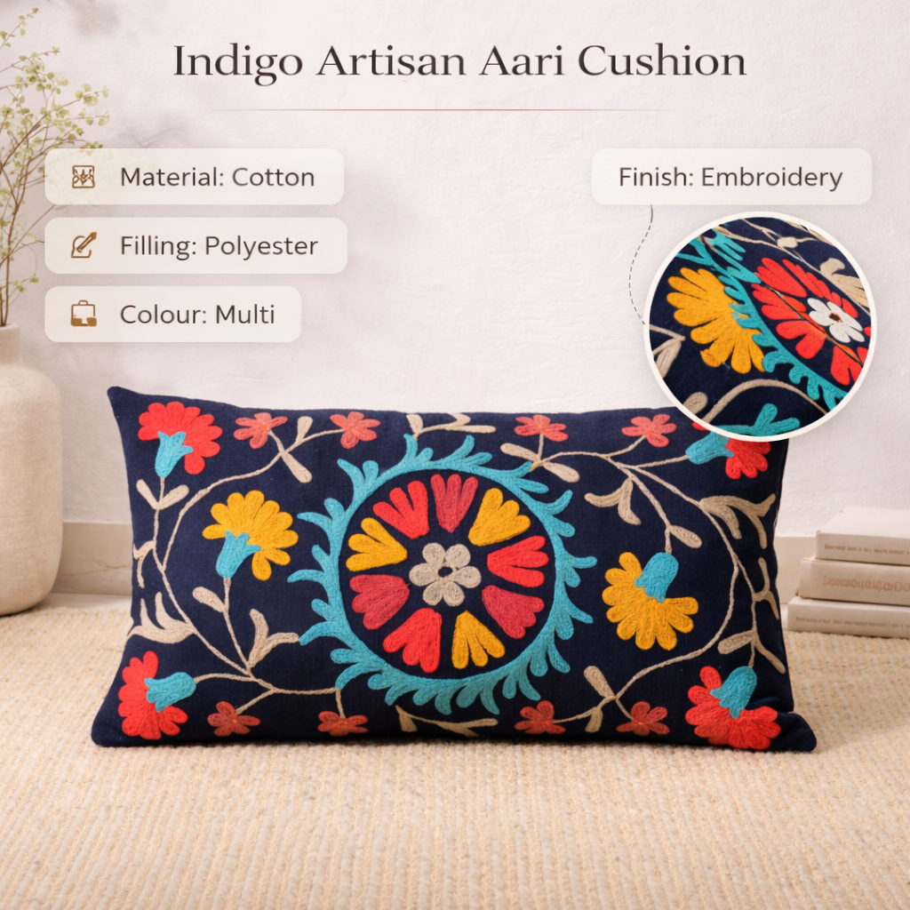 Indigo Aari Embroidered Cotton Cushion 35 x 60 cm