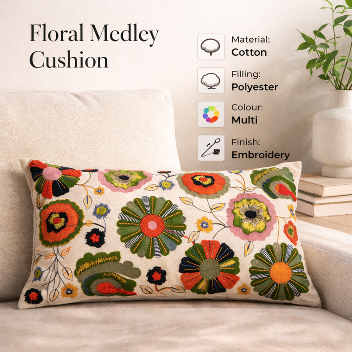 Floral Embroidered Cotton Cushion with Filler 35 × 60 cm