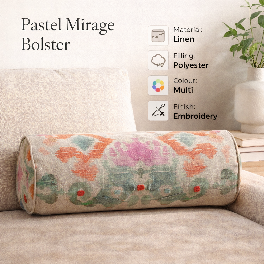Ikat Linen Bolster Cushion Multicolor 60 x 17.5 cm