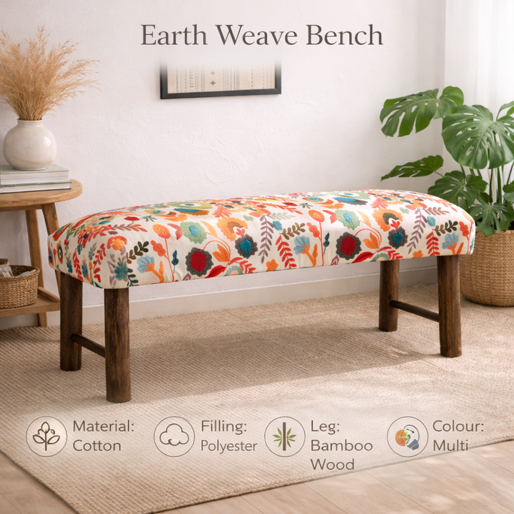 Floral Cotton Upholstered Bench with Wooden Legs 114 cm