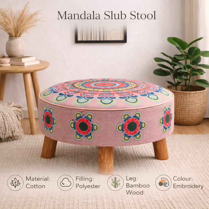 Embroidered Cotton Round Footstool with Wooden Legs 60 cm