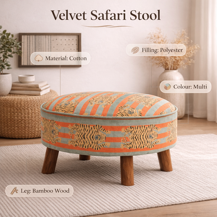 Cotton Round Footstool with Wooden Legs-Tiger Print- 60 cm