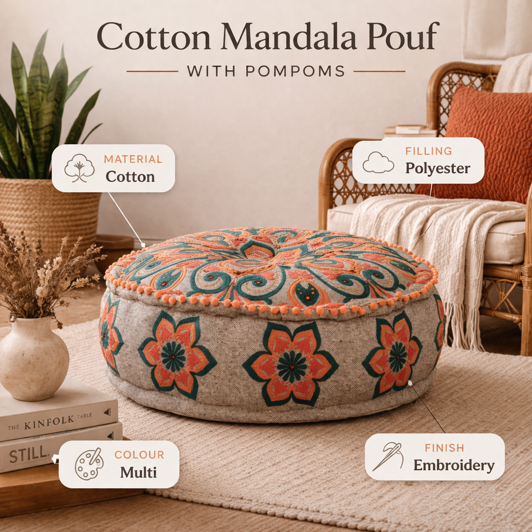 Mandala Embroidered Cotton Floor Cushion with Pompoms 60 cm