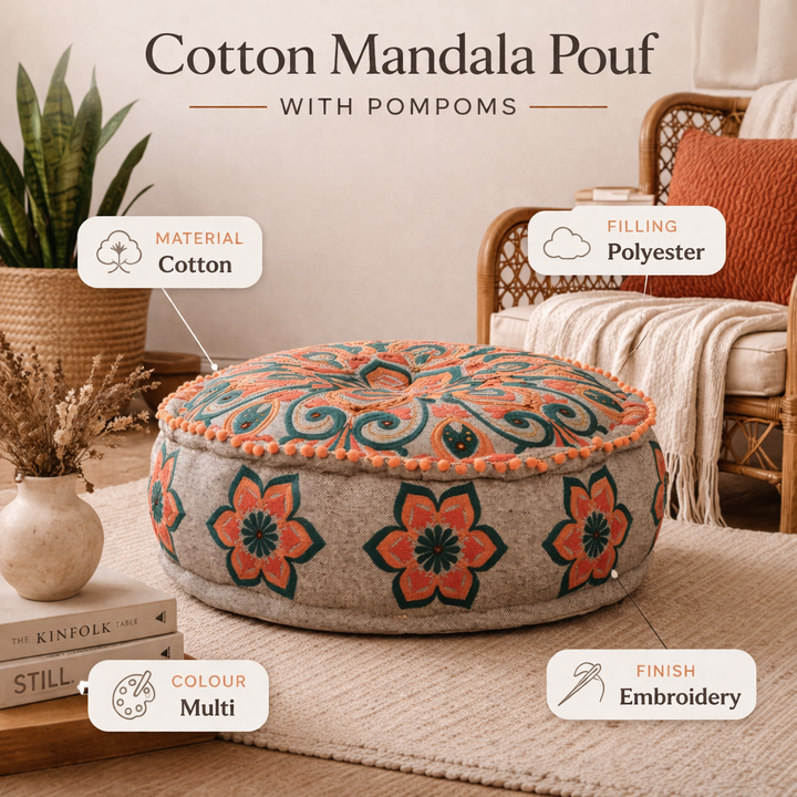 Mandala Embroidered Cotton Floor Cushion with Pompoms 60 cm
