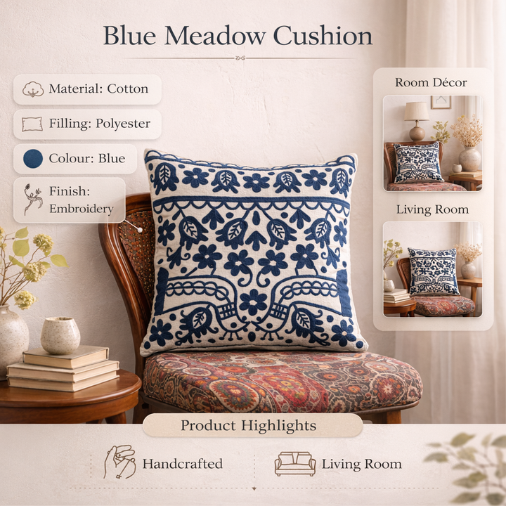 Blue Embroidered Cotton Cushion with Filler 45x45 cm