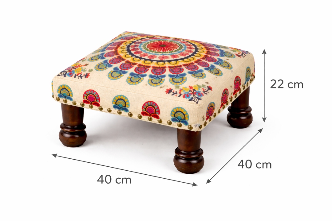 Mystic Mandala Cotton Footstool with Wooden Legs Multicolour