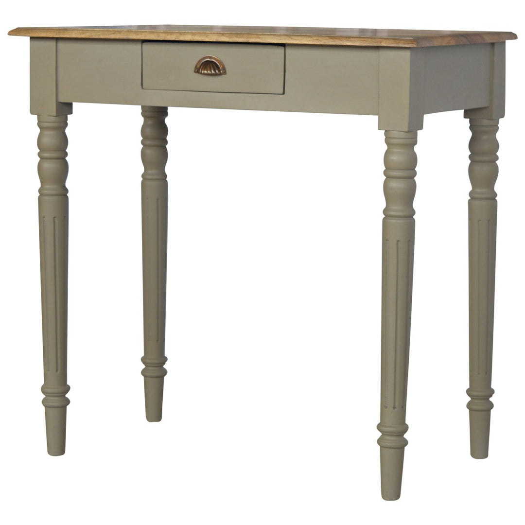 Solid Mango Wood Hand-Painted French Grey Desk with 1 Drawer, Fluted Legs & Shell Handle | Two-Tone Finish | 80 x 45 x 78 cm