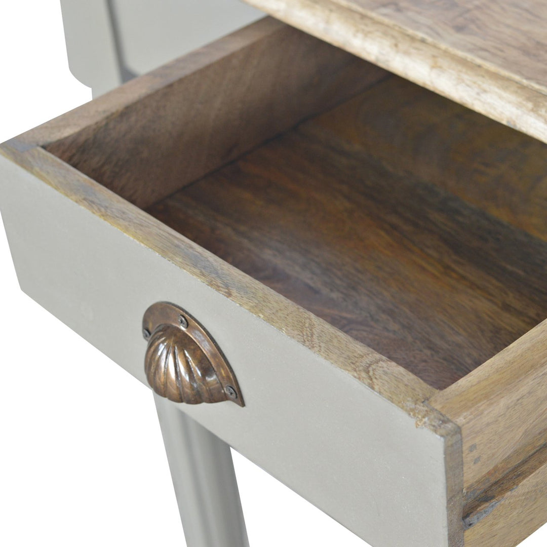 Solid Mango Wood Hand-Painted French Grey Desk with 1 Drawer, Fluted Legs & Shell Handle | Two-Tone Finish | 80 x 45 x 78 cm