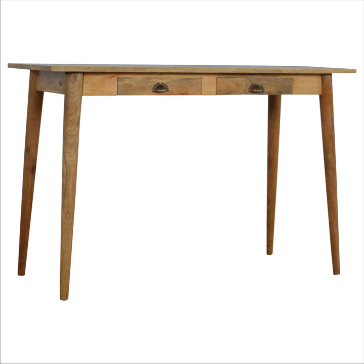 Beige Oak Veneer Solid Mango Wood Nordic Desk with 2 Drawers & Open Shelf
