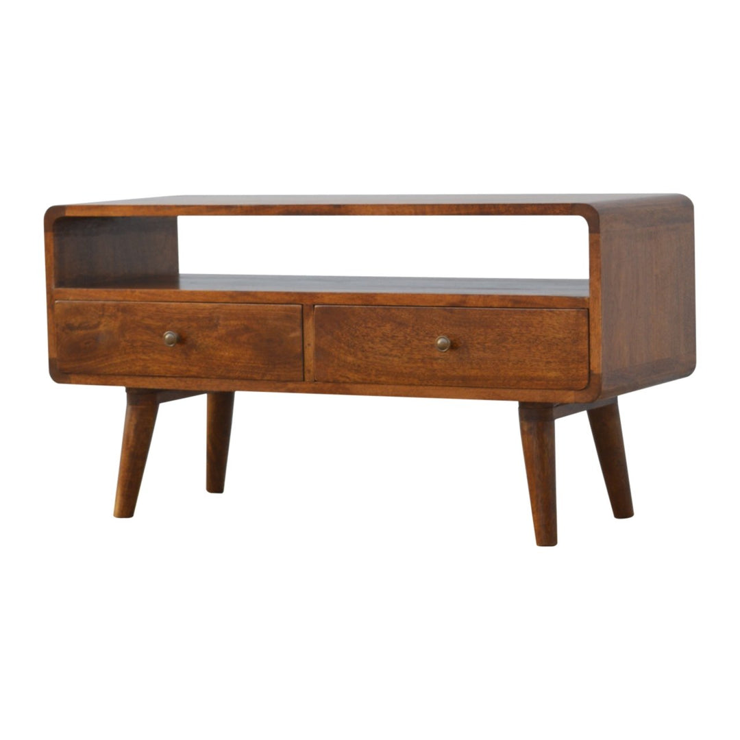 Solid Mango Wood Curved Chestnut Media Unit with 2 Drawers, Open Storage & Nordic Legs | Chestnut Finish | 90 x 35 x 47 cm