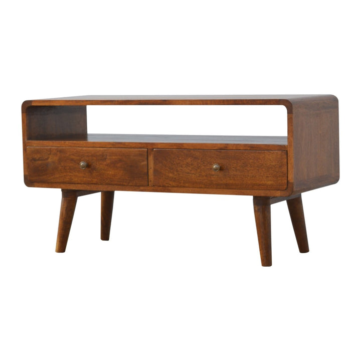 Solid Mango Wood Curved Chestnut Media Unit with 2 Drawers, Open Storage & Nordic Legs | Chestnut Finish | 90 x 35 x 47 cm