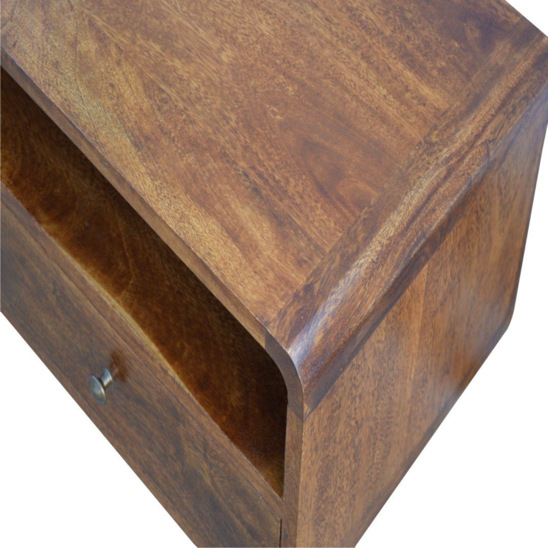 Solid Mango Wood Curved Chestnut Media Unit with 2 Drawers, Open Storage & Nordic Legs | Chestnut Finish | 90 x 35 x 47 cm