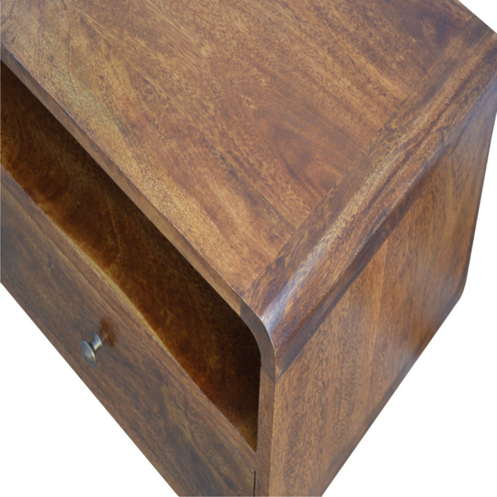 Solid Mango Wood Curved Chestnut Media Unit with 2 Drawers, Open Storage & Nordic Legs | Chestnut Finish | 90 x 35 x 47 cm