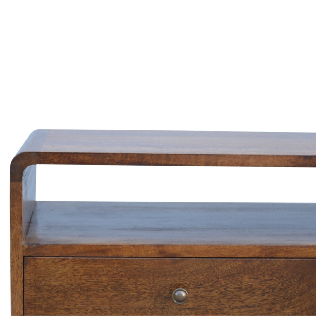 Solid Mango Wood Curved Chestnut Media Unit with 2 Drawers, Open Storage & Nordic Legs | Chestnut Finish | 90 x 35 x 47 cm