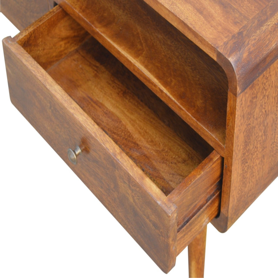 Solid Mango Wood Curved Chestnut Media Unit with 2 Drawers, Open Storage & Nordic Legs | Chestnut Finish | 90 x 35 x 47 cm