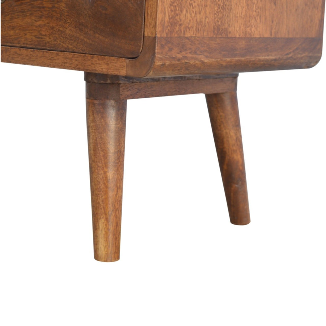 Solid Mango Wood Curved Chestnut Media Unit with 2 Drawers, Open Storage & Nordic Legs | Chestnut Finish | 90 x 35 x 47 cm