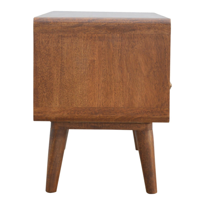 Solid Mango Wood Curved Chestnut Media Unit with 2 Drawers, Open Storage & Nordic Legs | Chestnut Finish | 90 x 35 x 47 cm