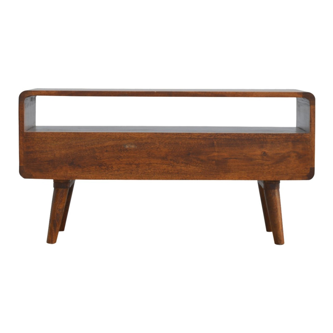 Solid Mango Wood Curved Chestnut Media Unit with 2 Drawers, Open Storage & Nordic Legs | Chestnut Finish | 90 x 35 x 47 cm