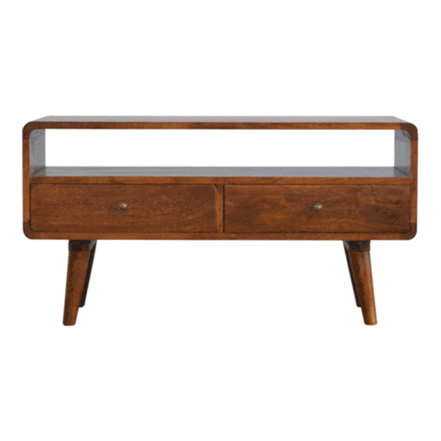 Solid Mango Wood Curved Chestnut Media Unit with 2 Drawers, Open Storage & Nordic Legs | Chestnut Finish | 90 x 35 x 47 cm