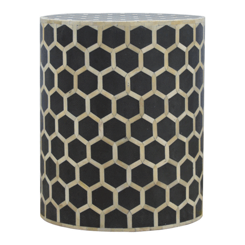 Brown Matt Solid Mango Wood Bone Inlay Occasional Stool with Artisanal Pattern Detailing