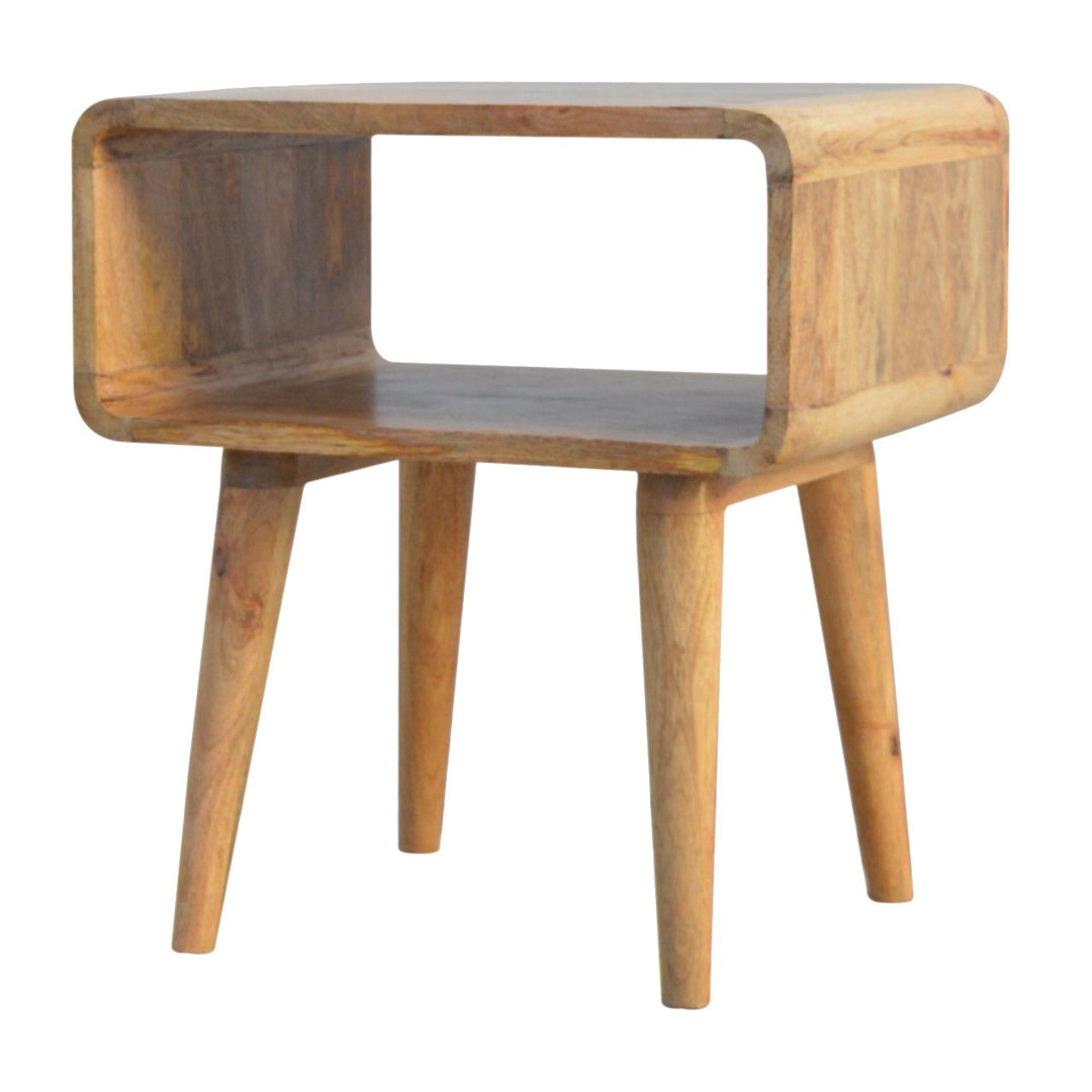 Beige Oak Veneer Solid Mango Wood Curved Open Bedside Table with 2 Drawers & Glossy Knobs