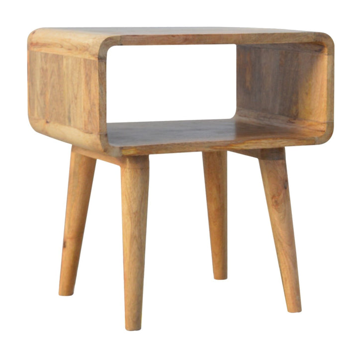 Beige Oak Veneer Solid Mango Wood Curved Open Bedside Table with 2 Drawers & Glossy Knobs