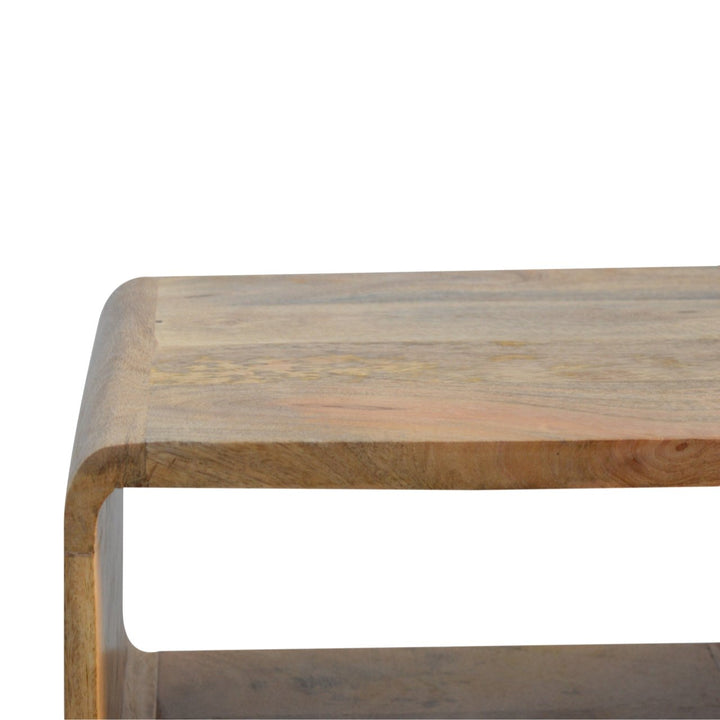 Beige Oak Veneer Solid Mango Wood Curved Open Bedside Table with 2 Drawers & Glossy Knobs