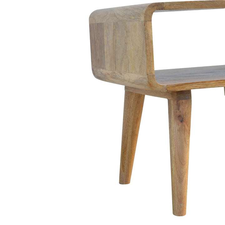 Beige Oak Veneer Solid Mango Wood Curved Open Bedside Table with 2 Drawers & Glossy Knobs