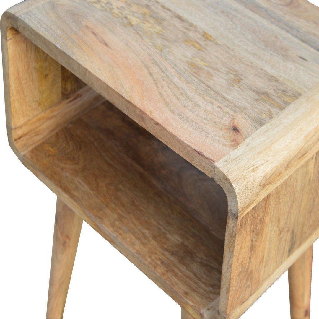Beige Oak Veneer Solid Mango Wood Curved Open Bedside Table with 2 Drawers & Glossy Knobs