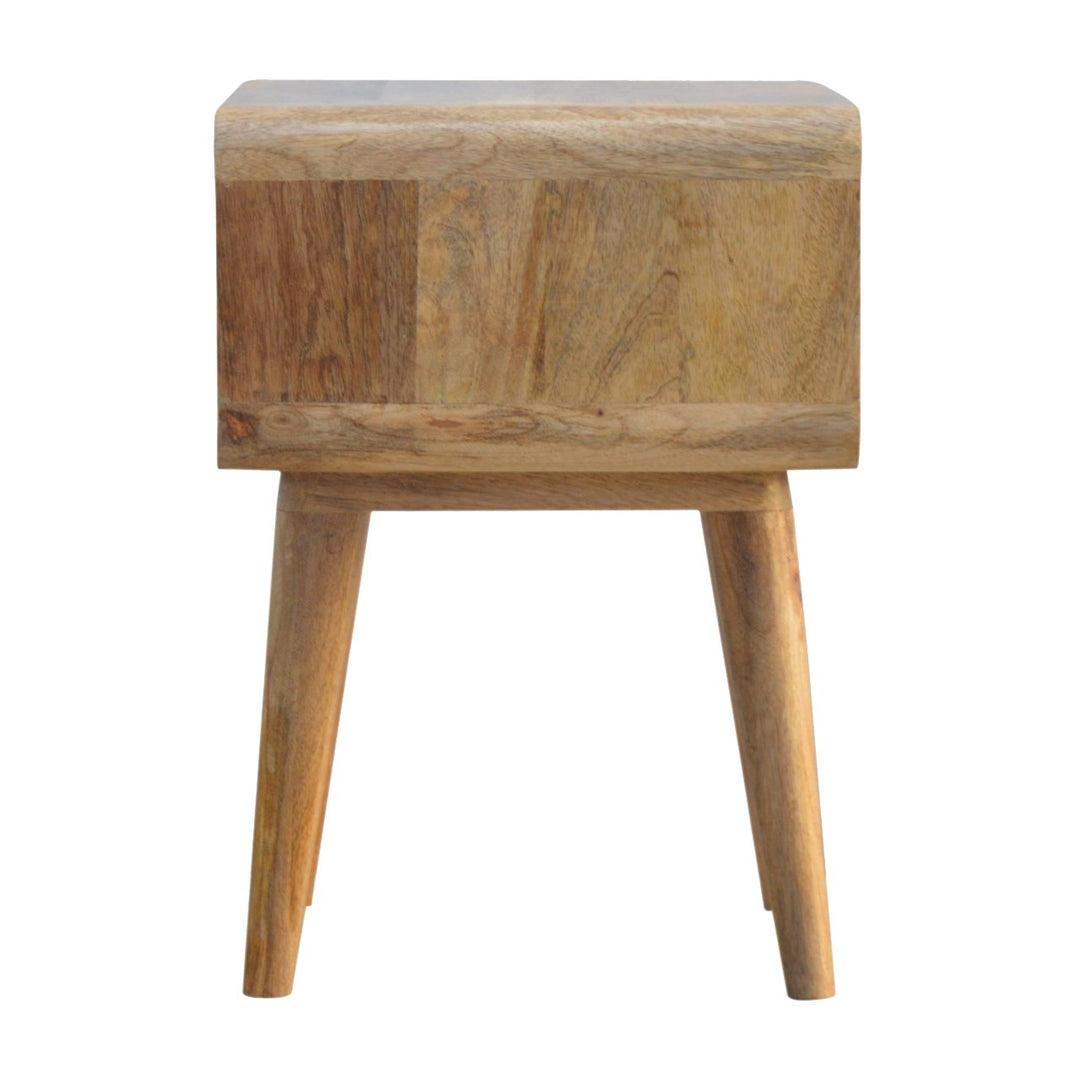Beige Oak Veneer Solid Mango Wood Curved Open Bedside Table with 2 Drawers & Glossy Knobs