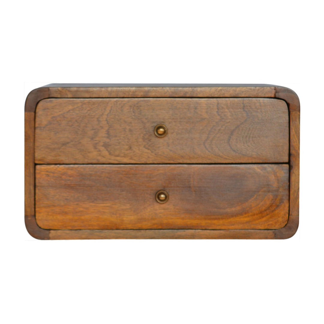 Chocolate Brown Lacquered Solid Mango Wood Curved Floating Nightstand with Brass Knobs & Nordic Legs
