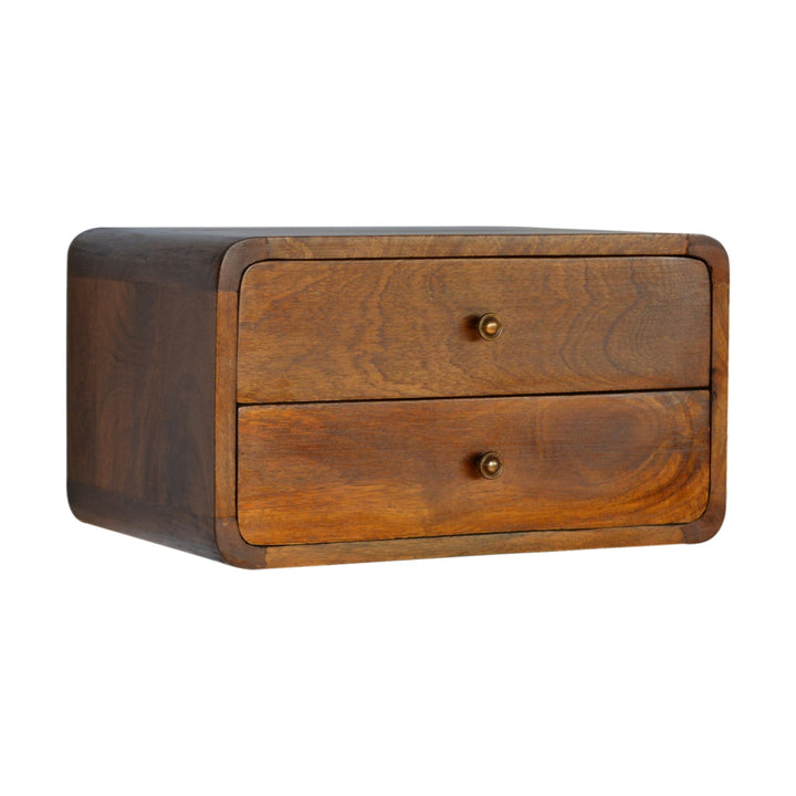 Chocolate Brown Lacquered Solid Mango Wood Curved Floating Nightstand with Brass Knobs & Nordic Legs