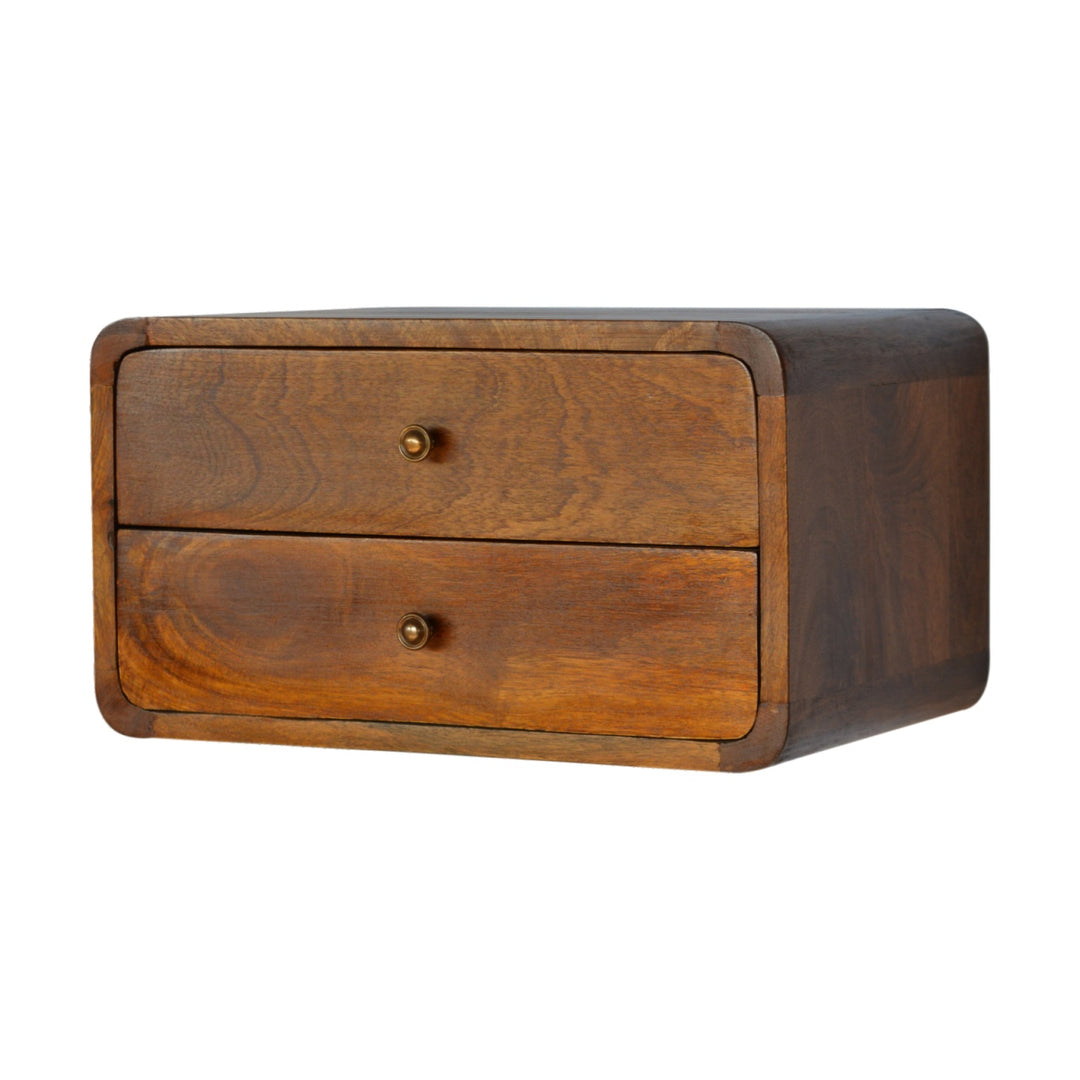 Chocolate Brown Lacquered Solid Mango Wood Curved Floating Nightstand with Brass Knobs & Nordic Legs