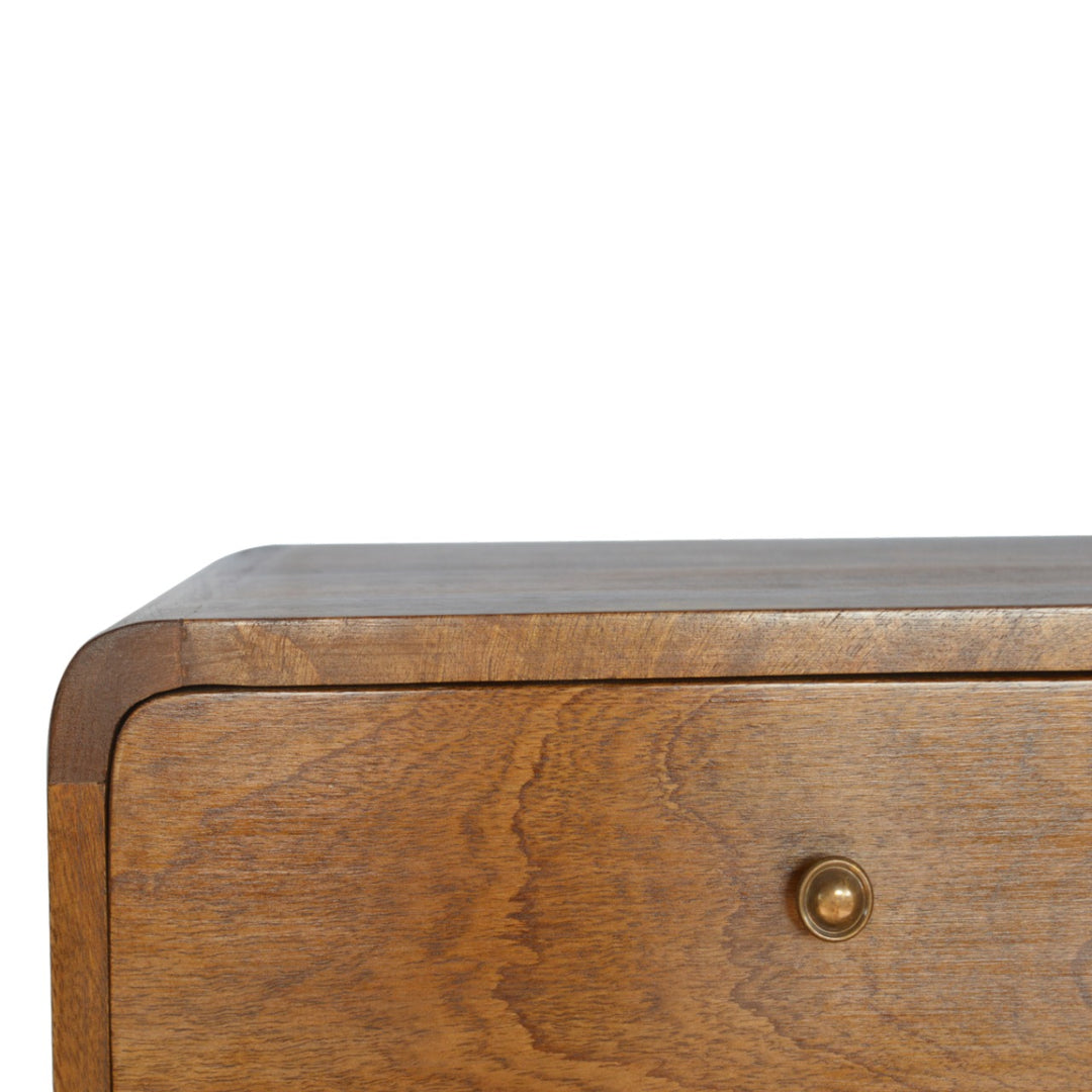 Chocolate Brown Lacquered Solid Mango Wood Curved Floating Nightstand with Brass Knobs & Nordic Legs