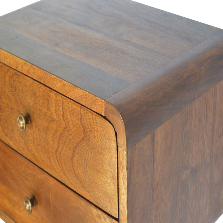 Chocolate Brown Lacquered Solid Mango Wood Curved Floating Nightstand with Brass Knobs & Nordic Legs