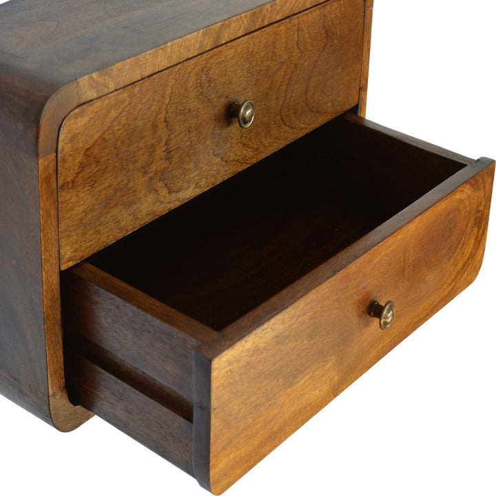 Chocolate Brown Lacquered Solid Mango Wood Curved Floating Nightstand with Brass Knobs & Nordic Legs