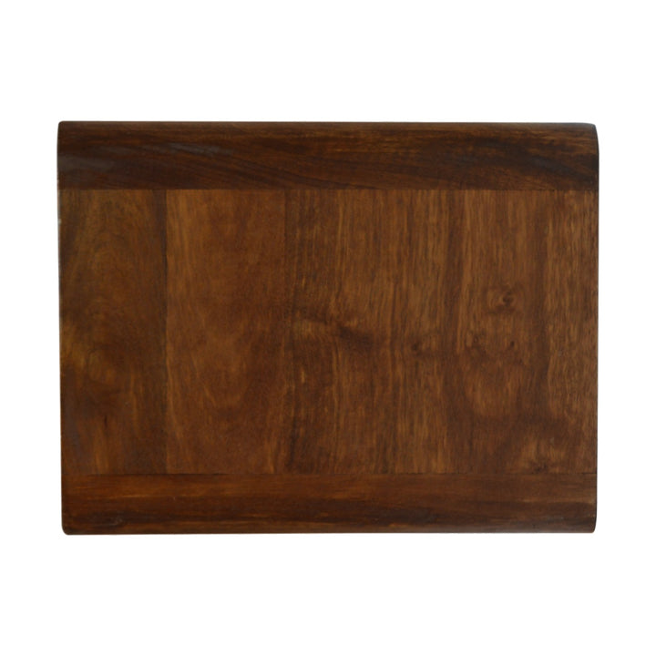 Chocolate Brown Lacquered Solid Mango Wood Curved Floating Nightstand with Brass Knobs & Nordic Legs