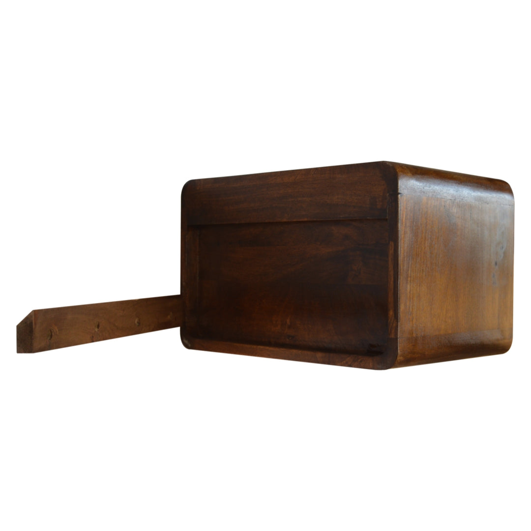 Chocolate Brown Lacquered Solid Mango Wood Curved Floating Nightstand with Brass Knobs & Nordic Legs